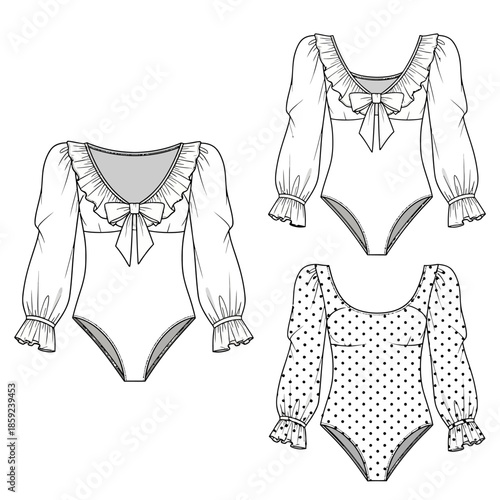 Fashion technical sketch of ruffled and polka dot long sleeve bodysuits