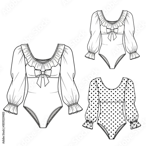 Fashion sketch of ruffled one piece swimsuits and a polka dot bodysuit design