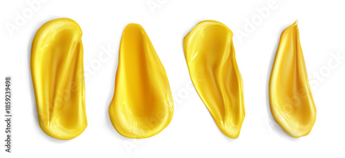 Paint brush strokes in yellow color on white background. Realistic 3D oil smear texture collection. Glossy acrylic brush marks with smooth gradient for artistic design elements and creative projects.