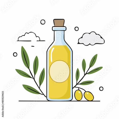 Bottle of virgin olive oil with olives and foliage illustration