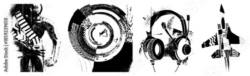 Musician Guitarist Headphones Jet Fighter Abstract Black White Vector