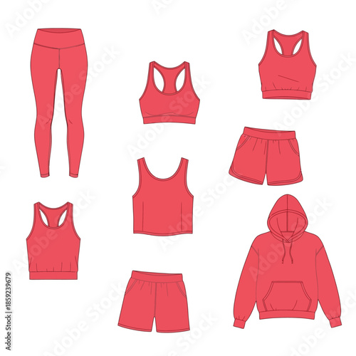 Red athletic wear collection featuring leggings sports bras shorts and hoodies