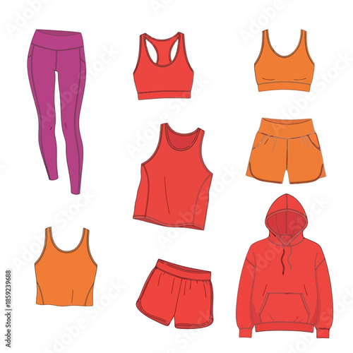 Collection of colorful athletic wear including leggings sports bras shorts and hoodies