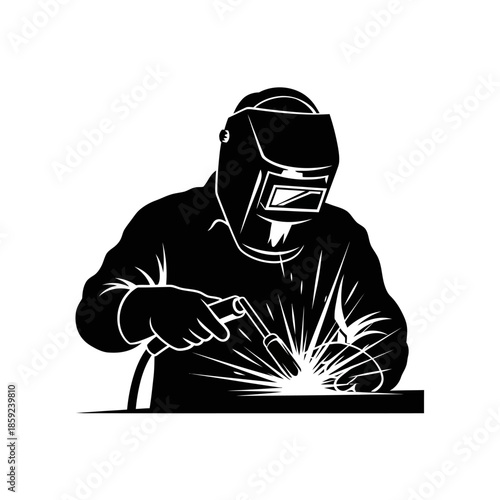 A silhouetted welder working with sparks and a protective welding mask