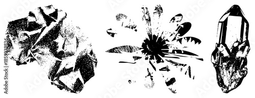 crystals and crystal fragments in black and white vector illustration