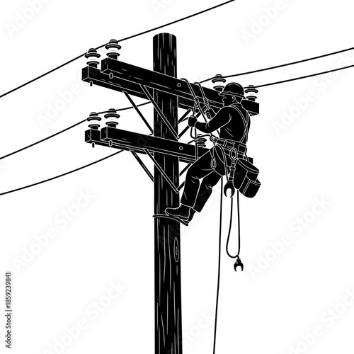 Lineman working on high voltage power lines atop a utility pole