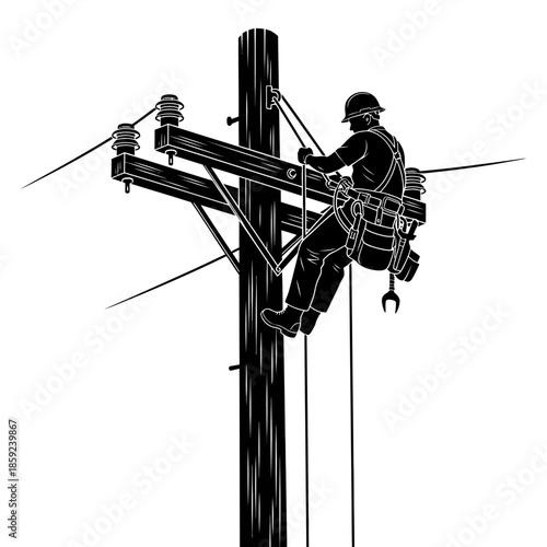 Lineman working on high voltage power lines a detailed black and white illustration