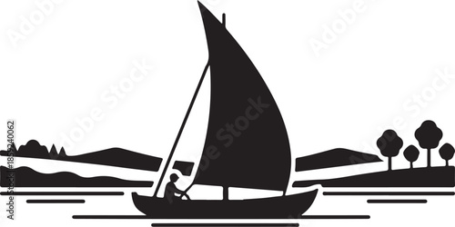 Silhouette of a sailboat with a large sail on a calm body of water with distant trees and hills