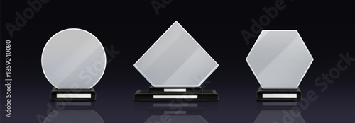 Glass trophies set isolated on black. Vector realistic illustration of round, rhombic, hexagonal crystal awards, transparent prize mockup for competition winner, symbol of recognition, leadership sign