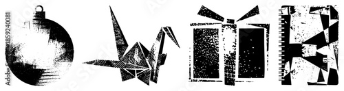 four black and white vector ornament, origami crane, gift box, abstract geometric