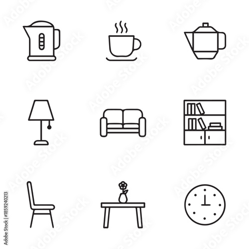 Simple black and white line icons depicting household objects and furniture