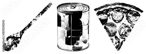 spoon can pizza slice black and white vector illustration