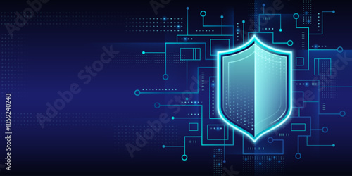 Cyber security tech background with shield icon. Vector realistic illustration of dark blue wallpaper with neon circuit board pattern, information protection sign, antivirus software presentation