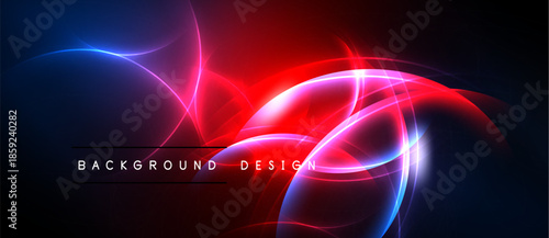 Abstract design features vibrant blue, red glows. Dynamic curves create energetic visual impact. Dark background enhances luminosity.