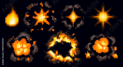 Pixel art explosion and fire effects with vibrant orange flames. Retro pixelated game graphics of animated burst elements and glowing smoke particles on dark backdrop for arcade video design.