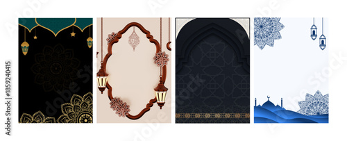 Elegant ramadan kareem greeting card design with traditional lanterns and islamic motifs