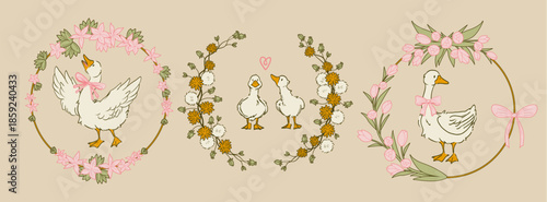 Cottagecore goose illustration with pink bow and floral wreaths. Cute white duck clipart with vintage spring flowers on beige background. Charming farm bird character design with hearts and ribbons.