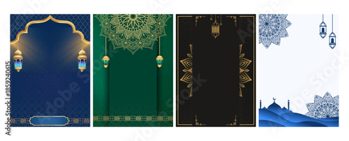 Elegant blue islamic background with golden arch and lanterns for ramadan greetings