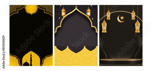 Elegant islamic vertical banner with mosque silhouette and intricate golden patterns