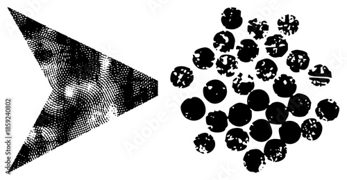 Abstract geometric shapes with halftone texture and fragmented circles