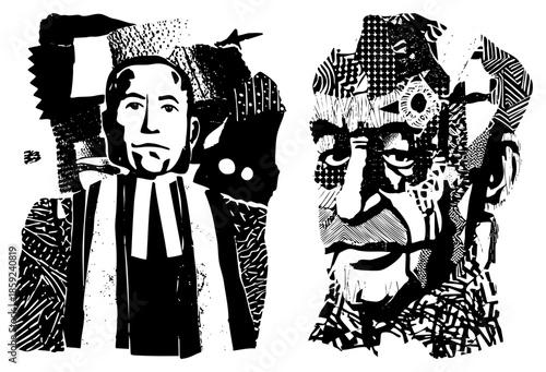 Two stylized male faces contrasting minimalist and abstract