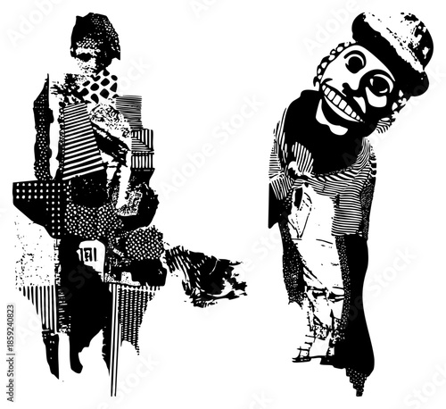 two stylized figures with clothing and exaggerated expressions