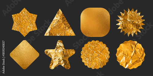 Gold foil sticker with crumpled texture and golden seal design. Circular metallic badge and starburst emblem for premium certificates or awards, labels or price tags with shiny gradient finish.