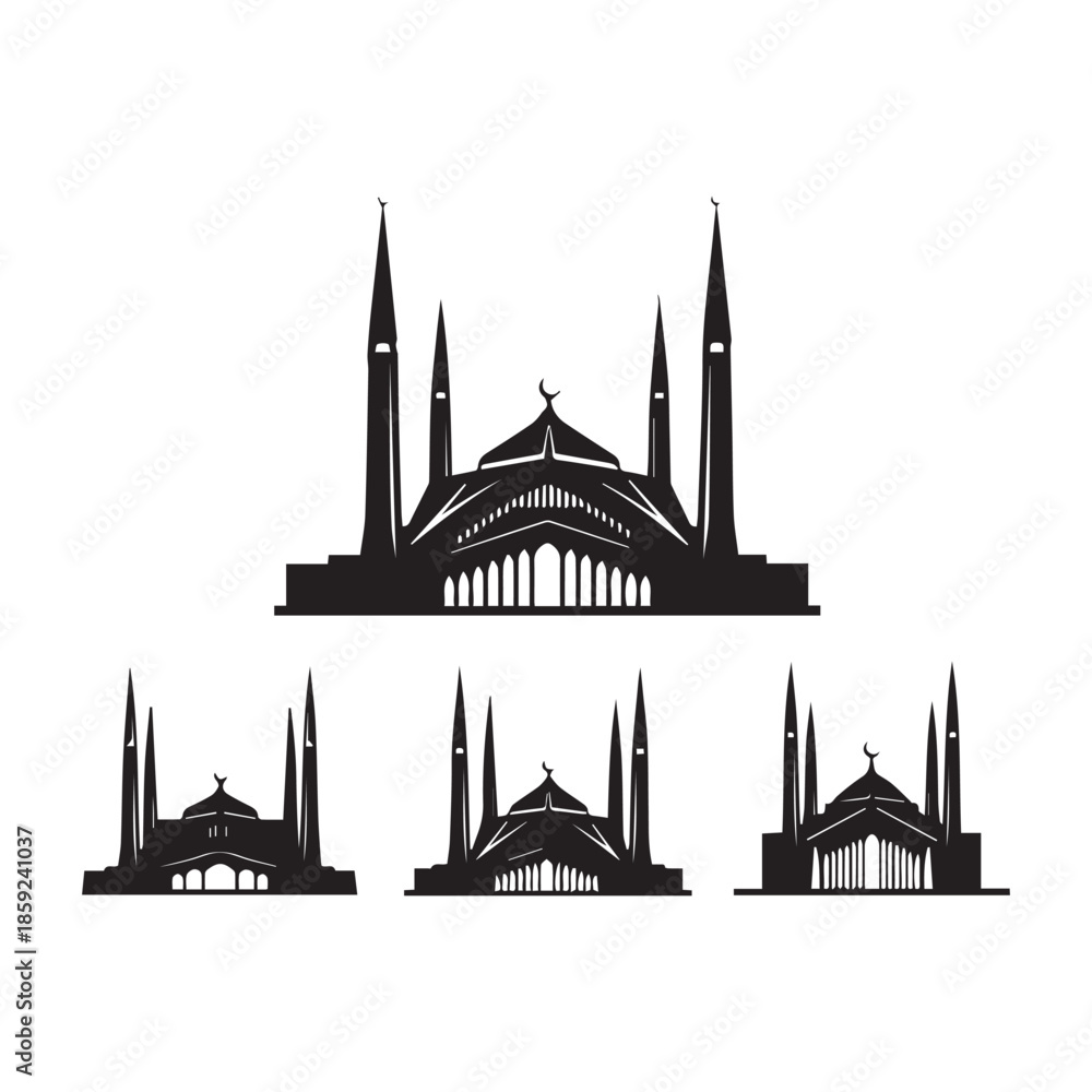 Fototapeta premium Black Mosque Silhouette Vector Illustration on White Background