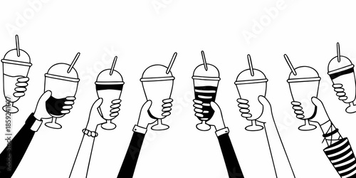 A collection of hands holding various beverage cups with straws in black and white