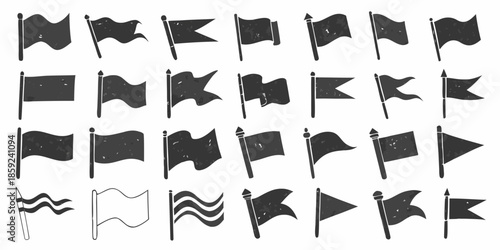 A collection of black flags with varied designs and a few unique symbols