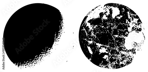 two abstract circular shapes black and white textured
