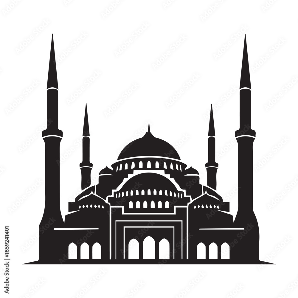 Fototapeta premium Black Mosque Silhouette Vector Illustration on White Background