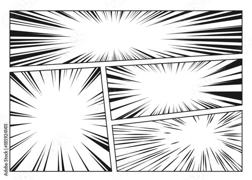 Manga speed lines radiate from center with dynamic comic book effect. Black and white halftone radial burst pattern with action rays for anime backgrounds, graphic novel pages and superhero scenes.