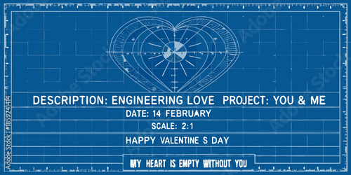 Blueprint heart design with valentine s day text and engineering schematics