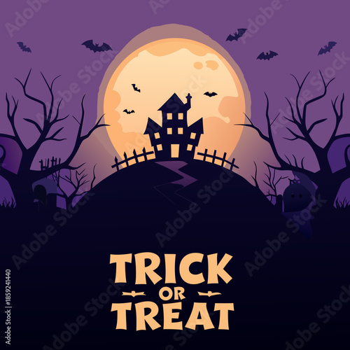 Spooky halloween scene with a haunted house full moon and silhouetted bats