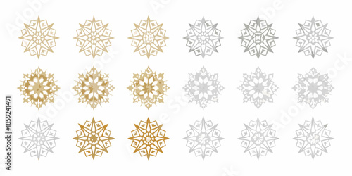Collection of intricate golden and silver snowflake designs arranged in a grid
