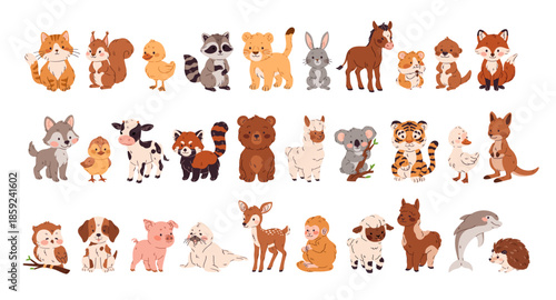 Kawaii baby animals set. Cute and funny cubs and calves. Happy kids of bear, bunny, cat, dog, horse, pig. Adorable little lamb, rabbit, koala. Flat isolated vector illustrations on white background