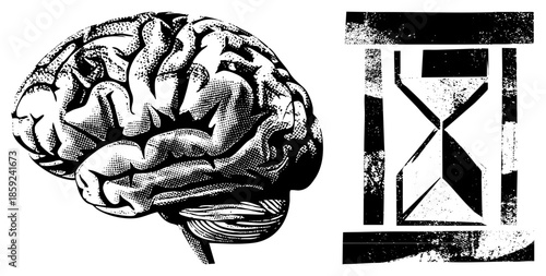 brain and hourglass black and white vector illustration
