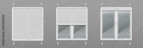 Window blinds set with venetian shutters in white. Realistic 3D isolated roller and horizontal blind designs. Modern interior window treatments - curtain shades, open and closed jalousie panels.