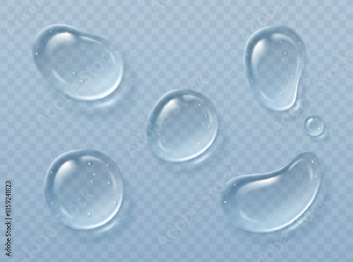 Gel droplets with realistic water texture on transparent background. Clear liquid serum drops in various shapes with glossy surface, tiny bubbles and 3D effect for cosmetic or skincare product design