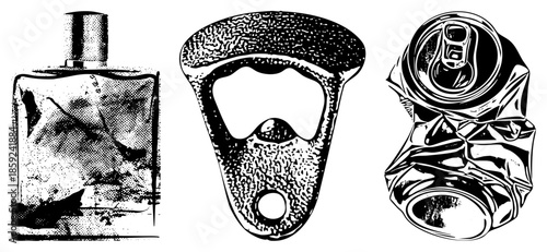 alcohol bottle opener crushed can vector set