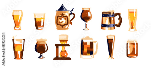 Set of different types of beer- light, porter, wheat, ale and stout. Cups and stein of alcohol drinks. Mugs of booze with various shapes. Flat isolated vector illustrations on white background