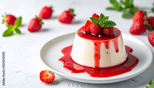 Italian Panna cotta dessert made with cream gelatin strawberry sauce and fresh berries on white table with space for text fresh