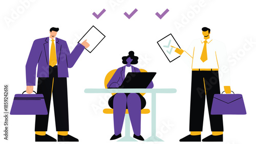 Business team collaborating and making decisions in a meeting with checkmarks overhead