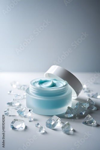 A frosted glass jar filled with light blue cream is placed among ice shards on a white background