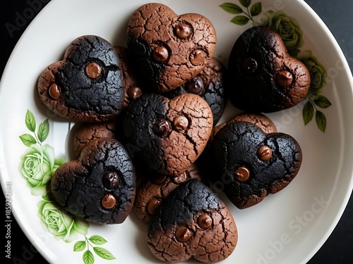 Heart shaped chocolate chip cookies in a floral bowl