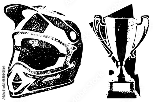motorcycle helmet and trophy