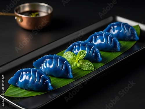 Blue steamed dumplings on a banana leaf and black plate