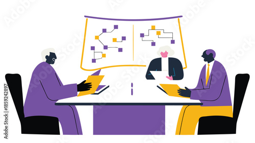 Diverse business professionals collaborating in a modern office meeting discussing strategy on a whiteboard with charts and diagrams