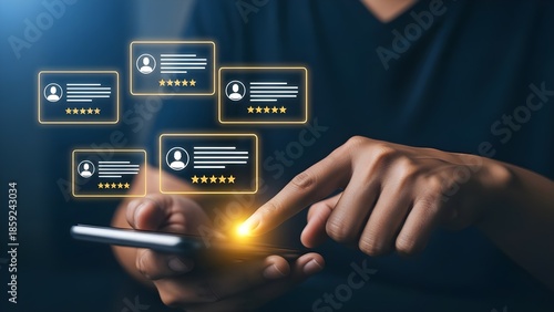 Close-up of a person's hands holding a smartphone with glowing user profile icons floating above the screen against a dark background.